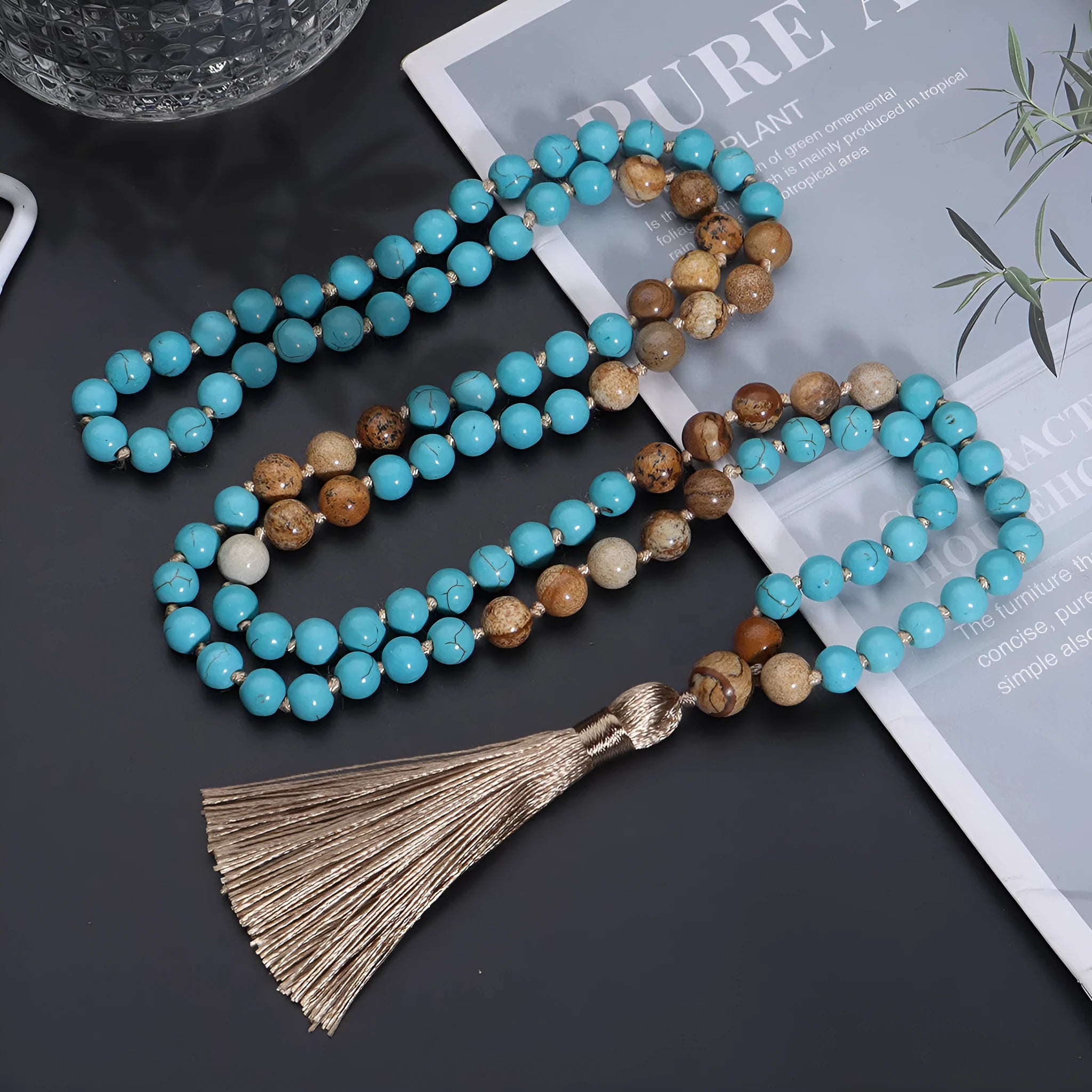 Long blue pine vintage turquoise painted stone mala necklace with 108 geometry beads on a ball bead chain.