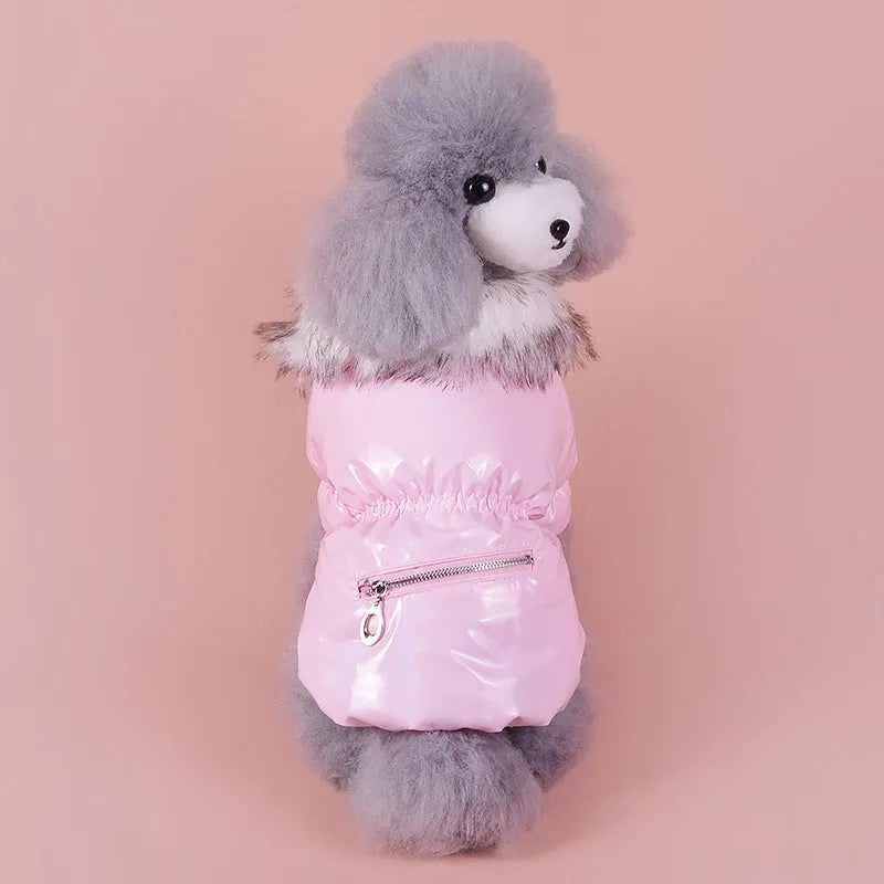 Blue cotton dog coat for winter on a small dog, showing sizing and British style.
