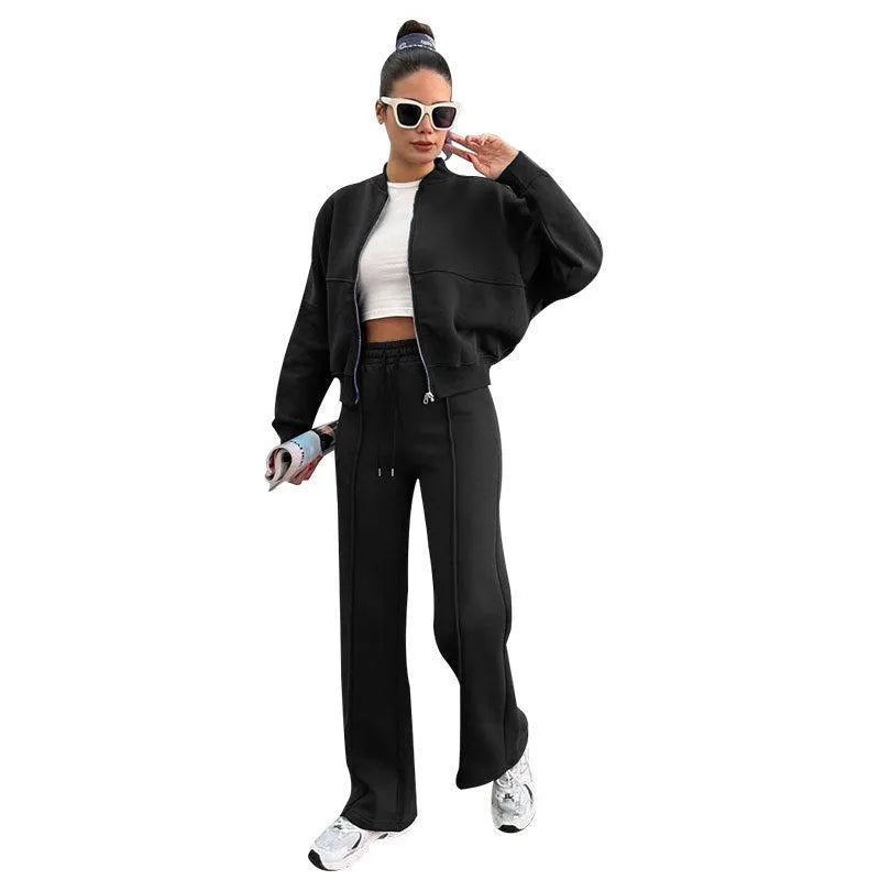 Women's fleece zipper cardigan and straight pants casual suit, seven colours, Japanese Korean style