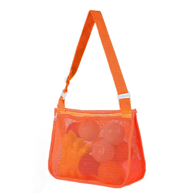 Blue nylon mesh travel storage bag with zip closure for children's toys and clothes