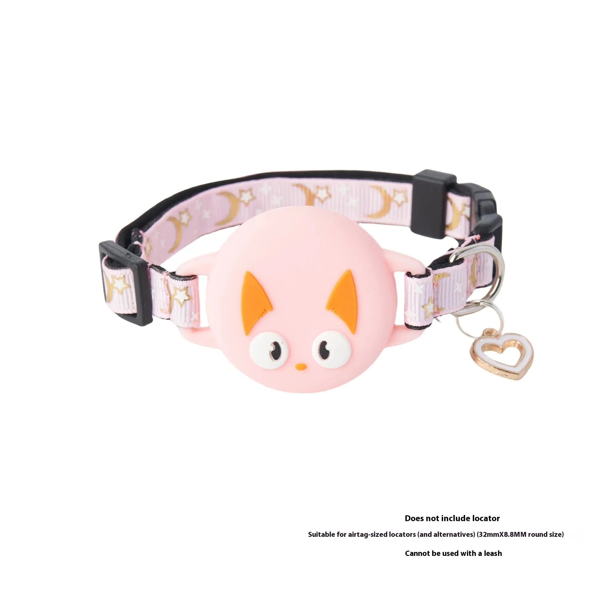 Pink and black plastic AirTag protective cases attached to a cat collar, showing adjustable sizing.