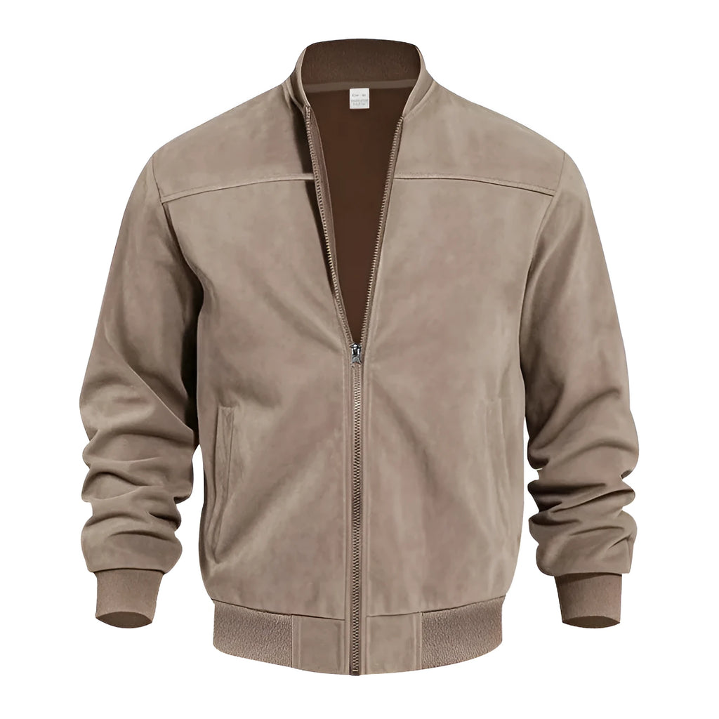 Men's plus-size suede jacket in Army Green with a front zipper and regular fit.