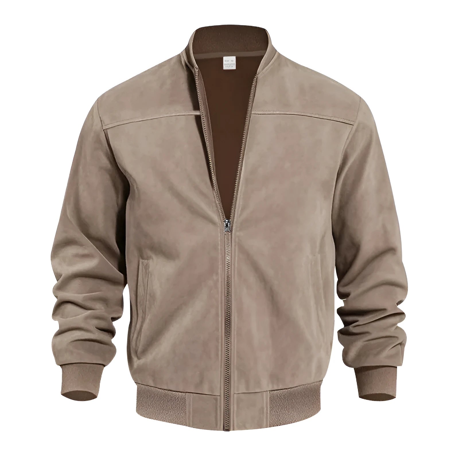 Men's plus-size suede jacket in Army Green with a front zipper and regular fit.