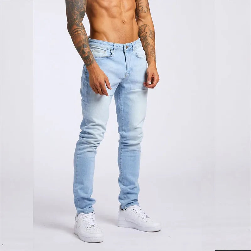 Men's cotton slim fit high waist jeans in light blue solid colour front view