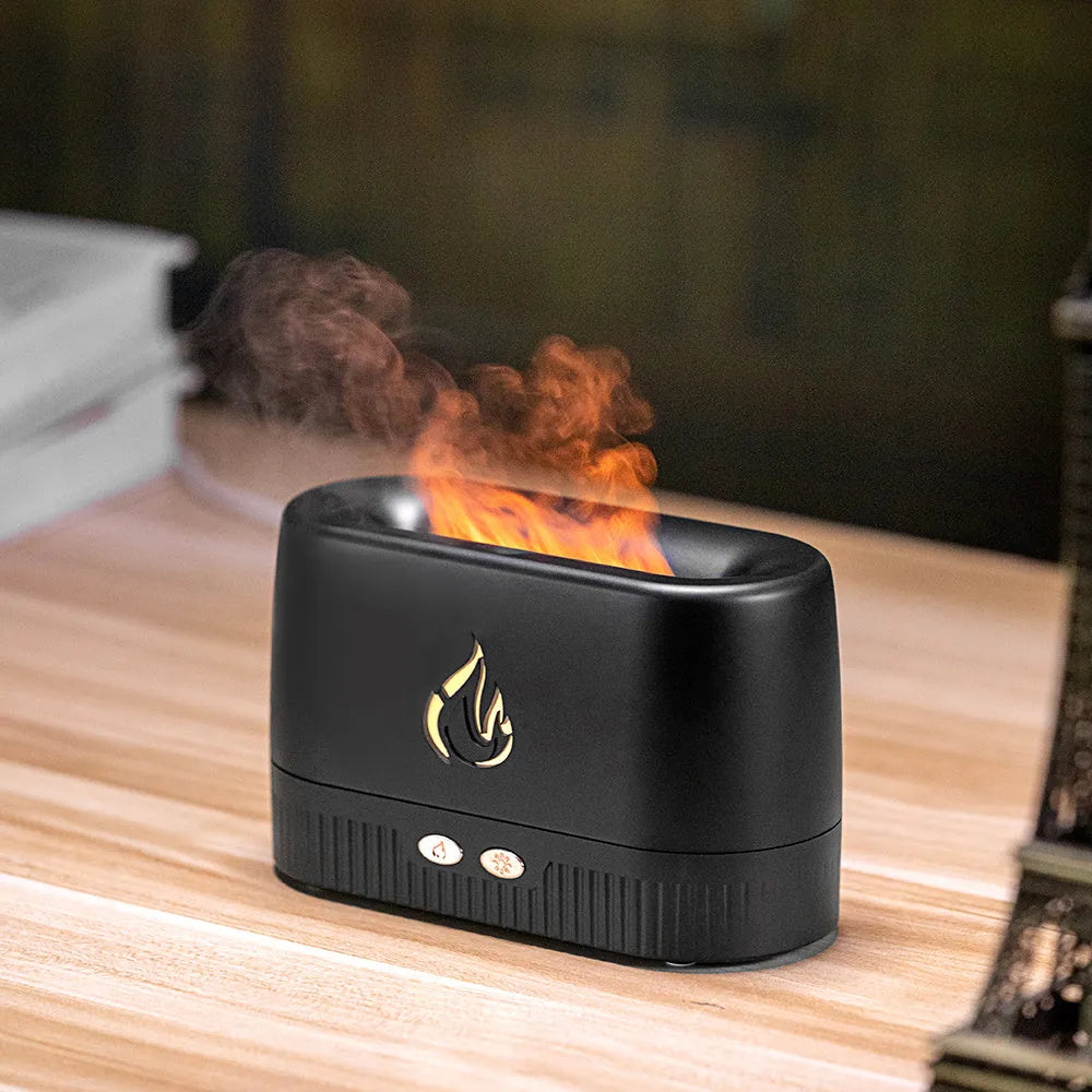 Flame humidifier aroma diffuser in white or black, 230ml tank, 171*76*102mm, USB powered with flame effect