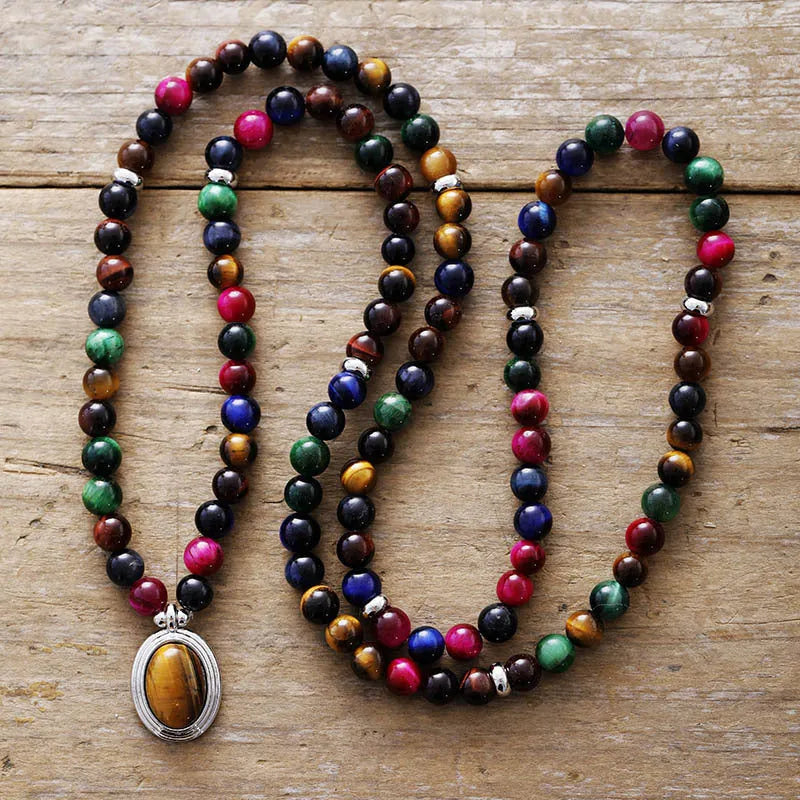 Natural stone meditation necklace with tiger eye pendants and symbolic charms on adjustable ball bead chain