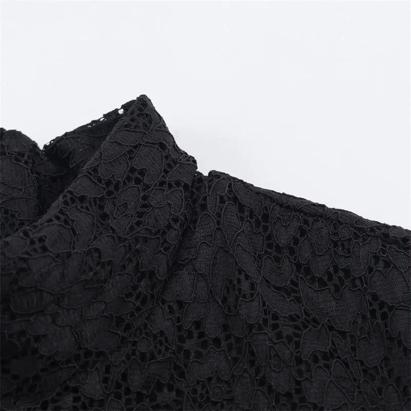Women's simple stitching lace short dress in black with asymmetric hem and mid waist