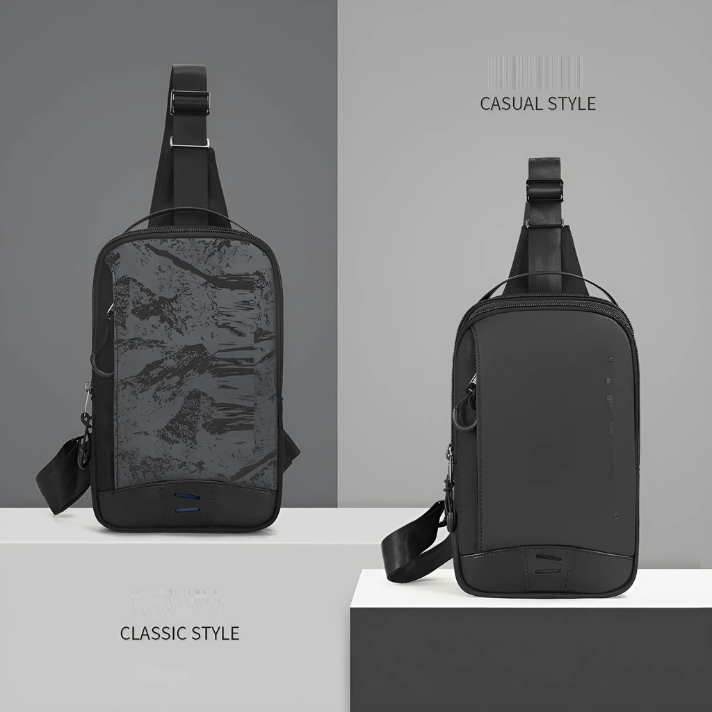 Casual black waterproof TPU chest bag with landscape camouflage pattern and adjustable shoulder strap