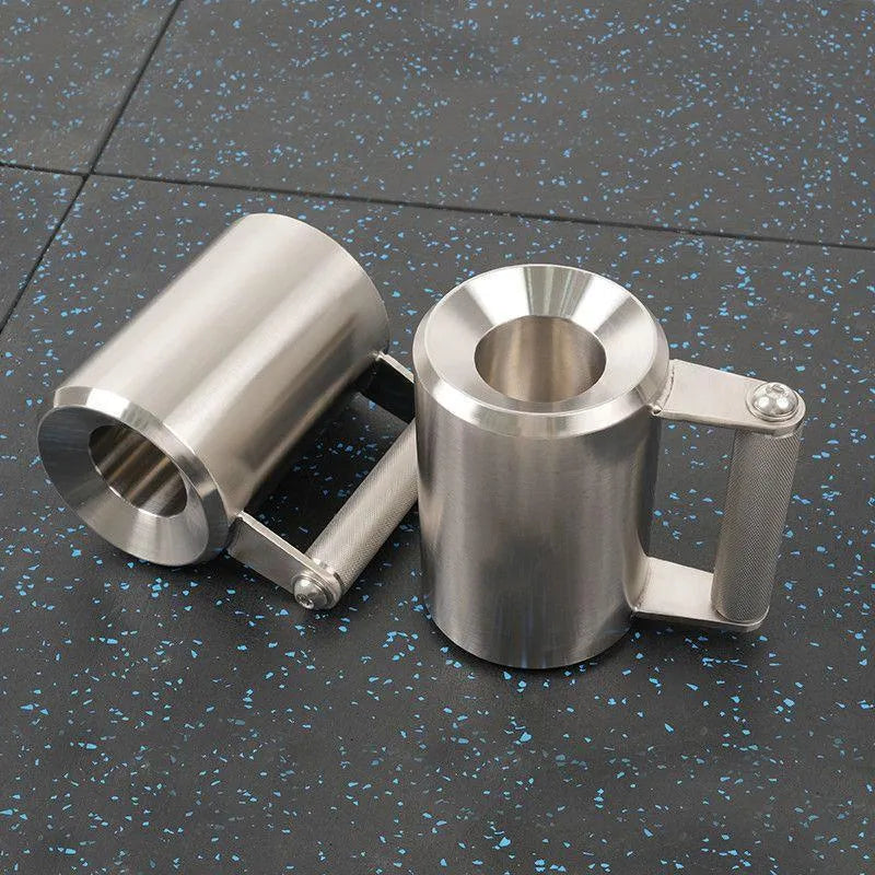 Silver coloured cast iron dumbbell cup for barbell, 8kg weight capacity.