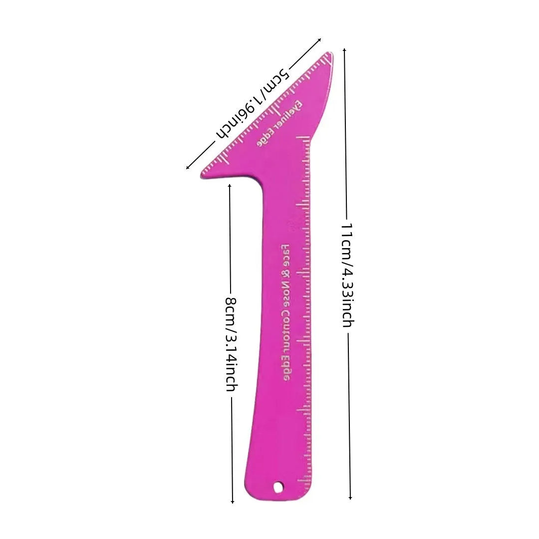 Three reusable plastic makeup stencils for creating winged eyeliner, eyebrow arches, and nose contour on pink background.