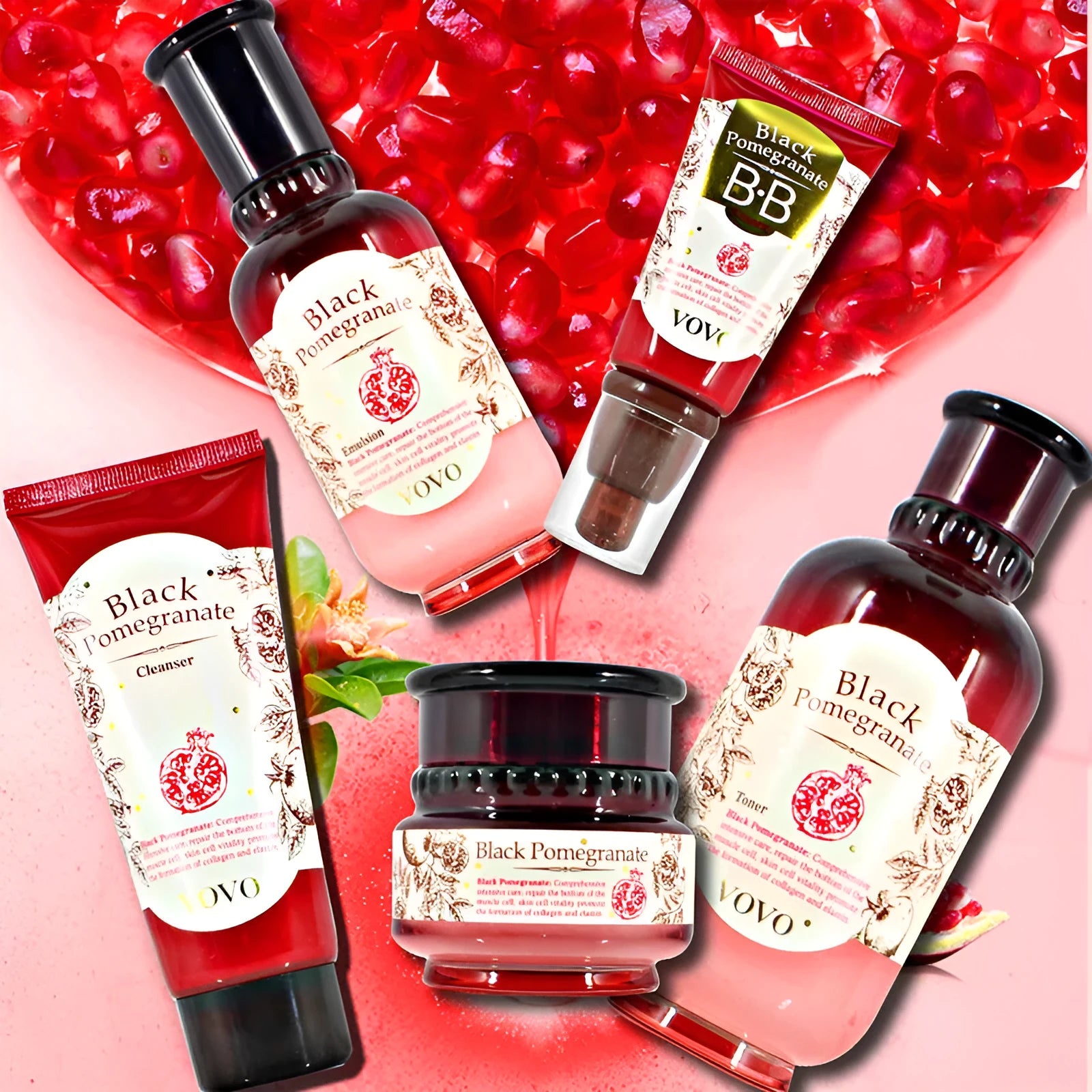 Pomegranate extract skincare set showing six products: water, milk, cream, essence, eye cream and cleanser