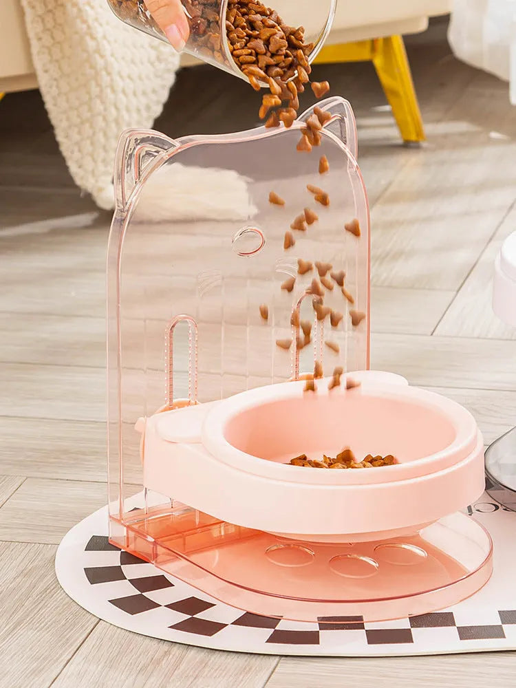 Grey cat bowl with anti-spill neck protection and adjustable height mechanism