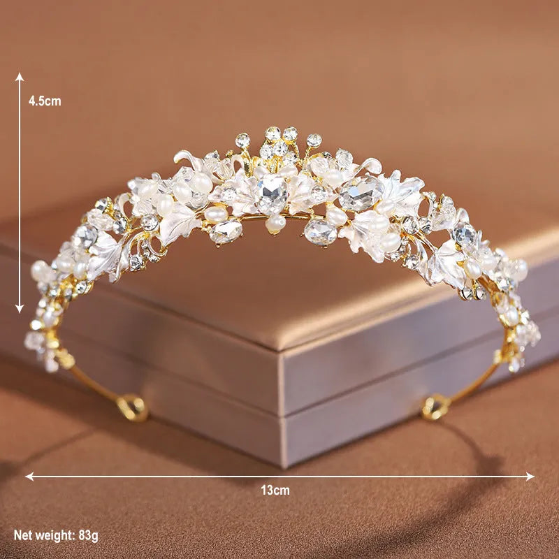 Pearl elegant crown headdress with alloy construction in gold or silver electroplated finish