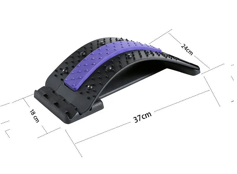 Blue lumbar disc corrector with rectangular trapezoid shape, adjustable 7/9/11 cm height, 38x25cm size, mechanical control, 8 massage heads