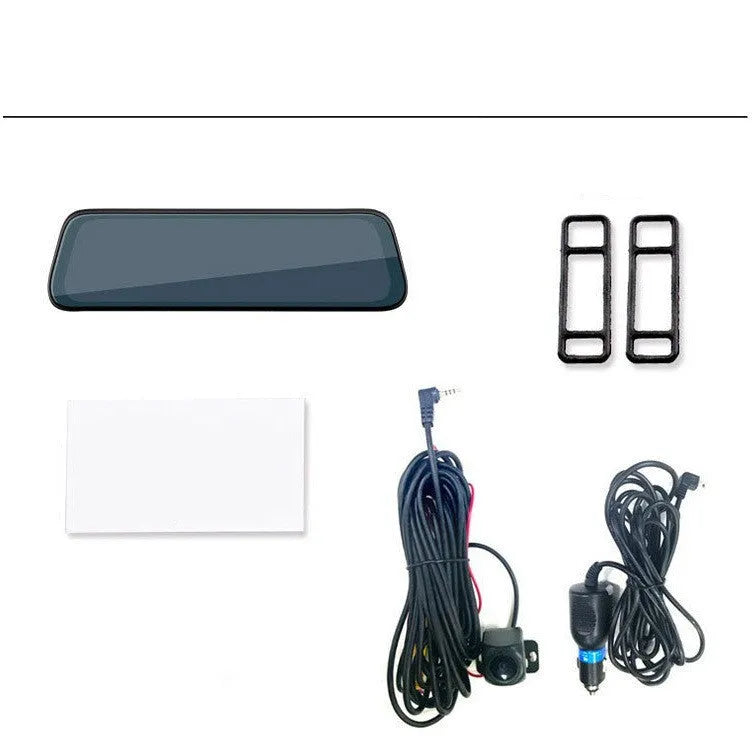 10-inch streaming dashcam rearview mirror with dual lens, anti-glare blue mirror, and touch IPS screen