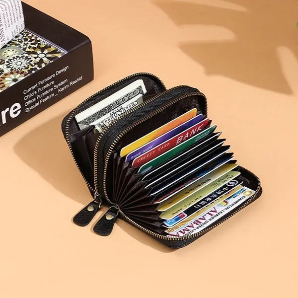Genuine cowhide leather double layer card holder with zipper, shown in red colour with gift box.