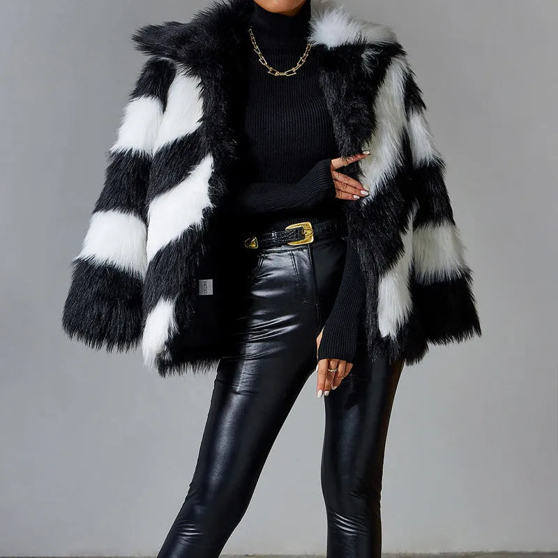 Women's faux fur coat with contrast lapel and fur collar in picture colour.