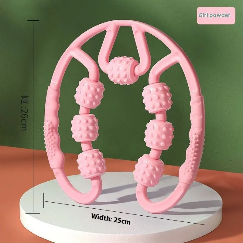 Handheld 12-wheel leg massage roller in macaron pink colour on a white background.
