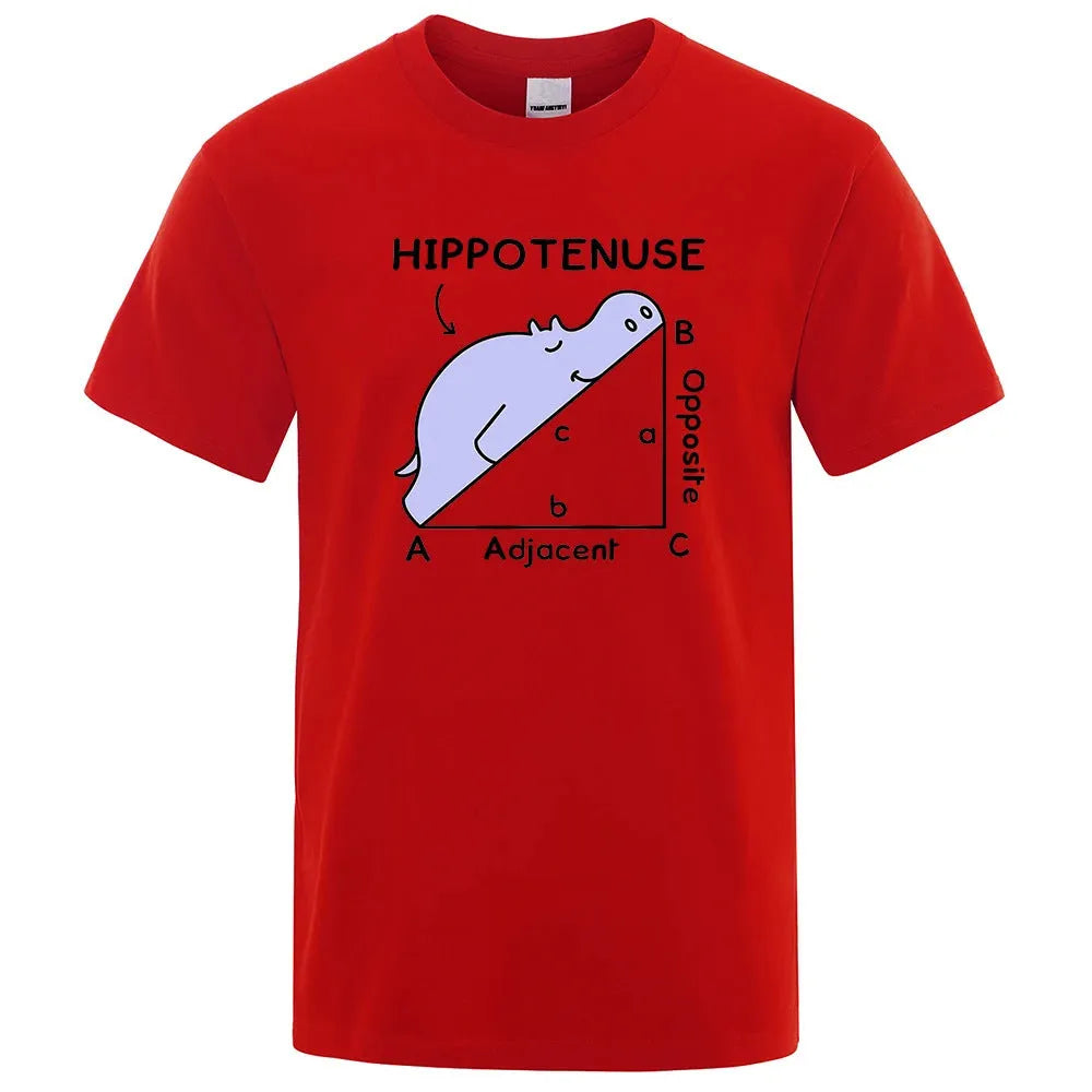 Humorous Hippotenuse Opposite Adjacent graphic printed on a loose-fit cotton T-shirt.