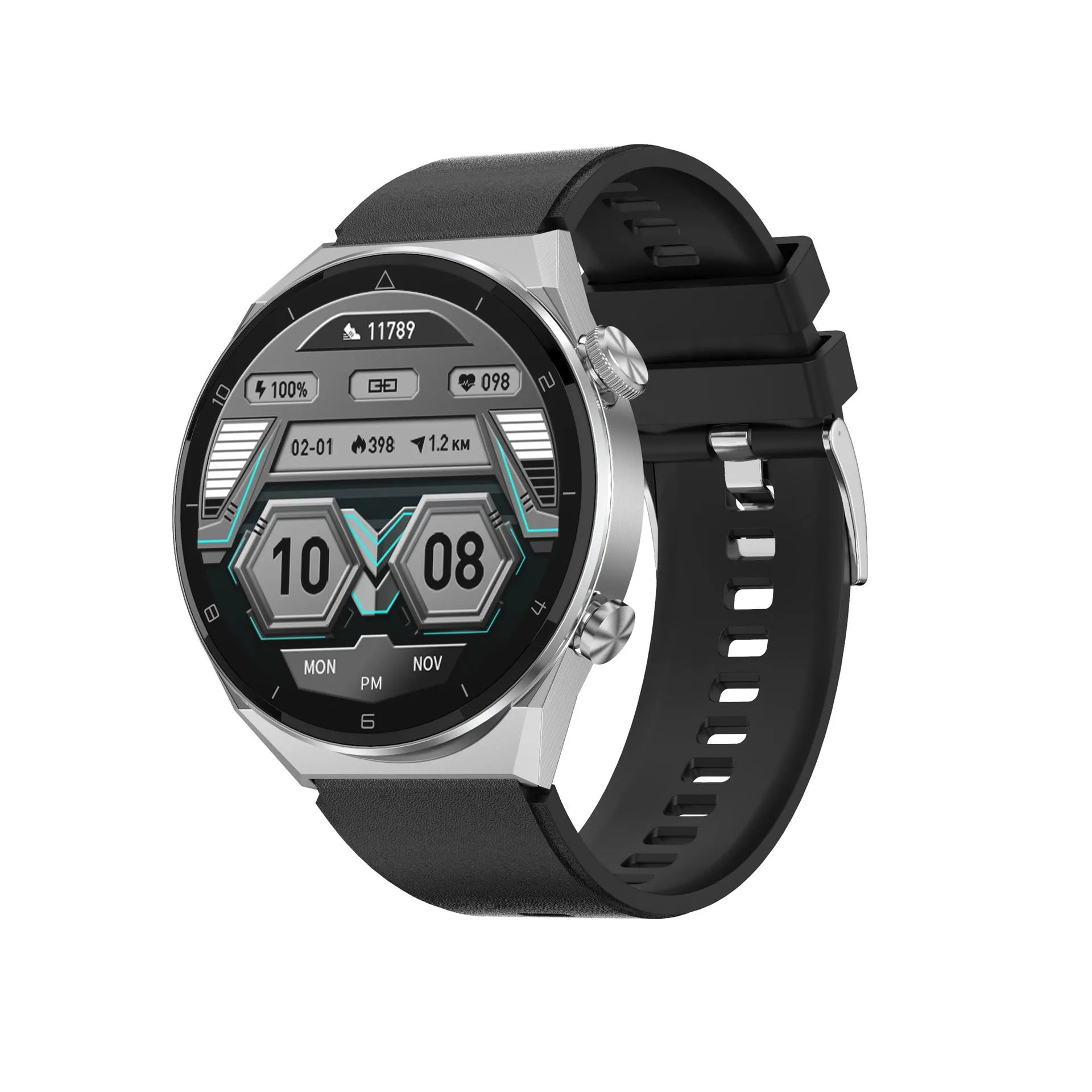 Smartwatch with TFT touch screen showing health metrics on wrist with silicone strap