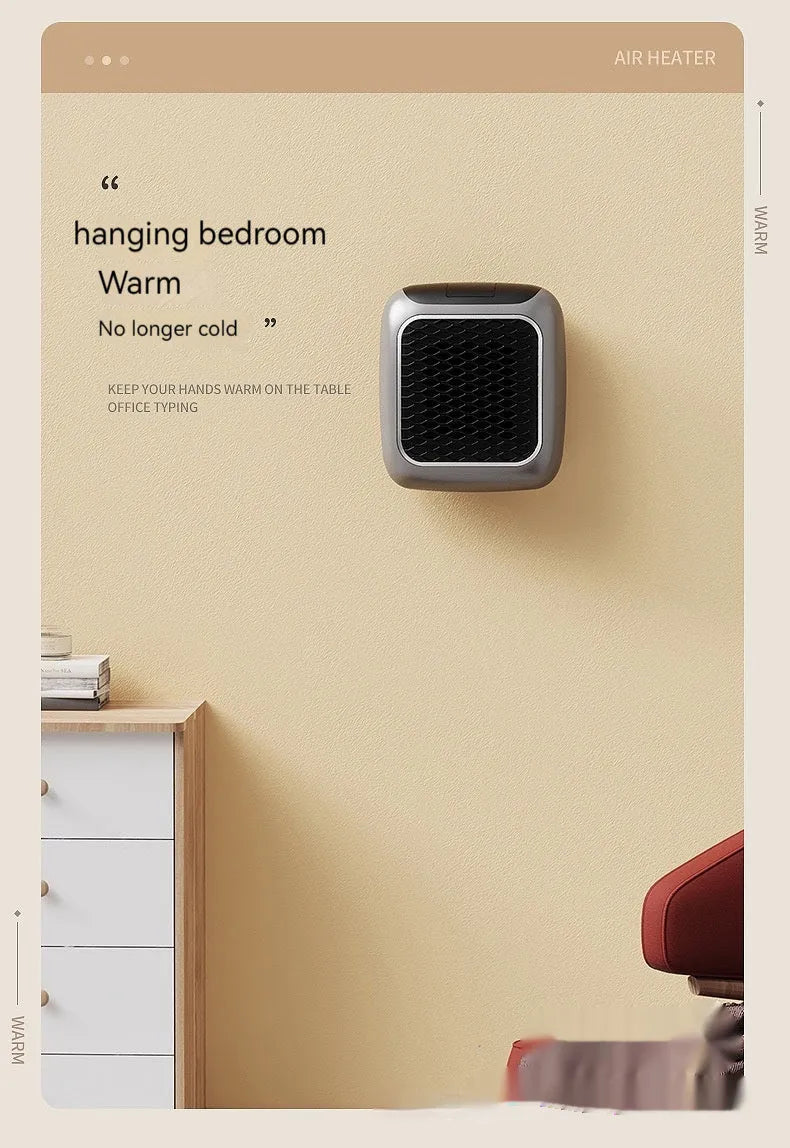 Wall-mounted mini fan heater with 800W PTC element 3-speed fan digital timer in gray