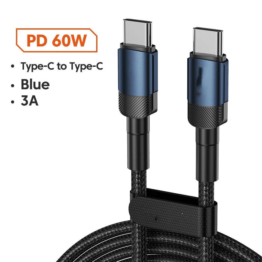 Black woven USB cable with aluminium alloy connectors shown at 100W fast charge length options