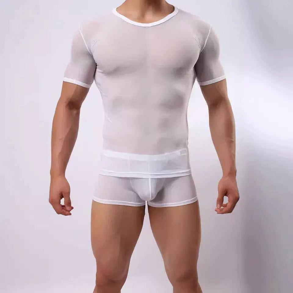 Men's slim fit mesh t-shirt in a solid colour, showcasing transparent nylon fabric and short sleeves.