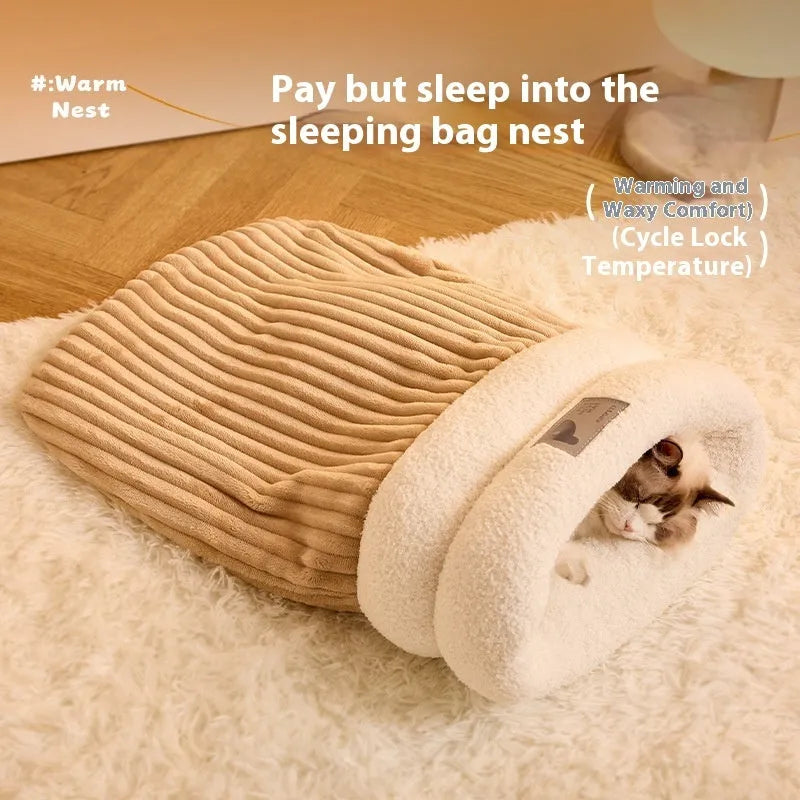 Brown semi-enclosed lambswool cat sleeping bag on a wooden floor.