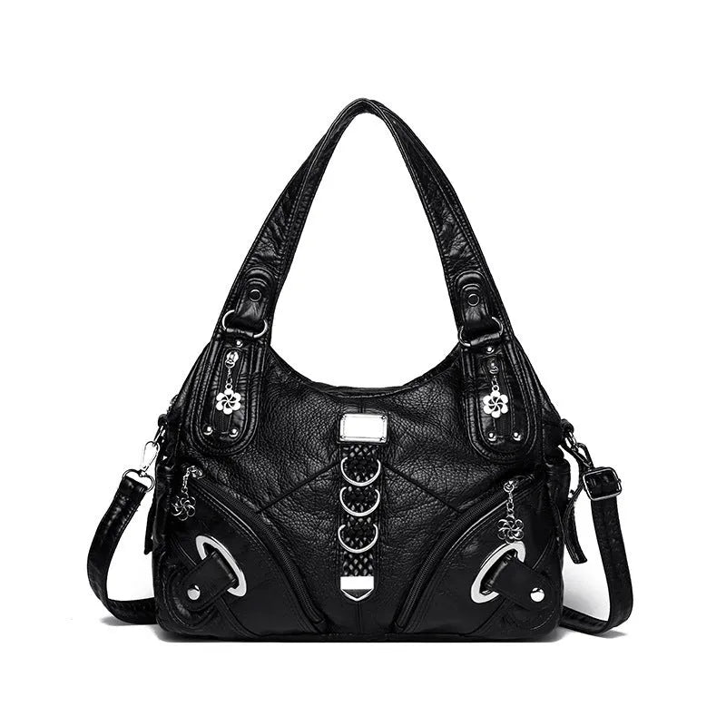 Women's large capacity washed leather PU handbag in black, light brown or blue with slit pocket