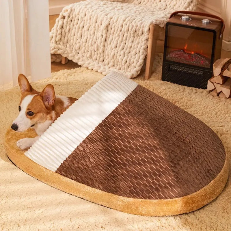 Brown dog nest sleeping bag bed with a removable cover for small to medium-sized dogs.