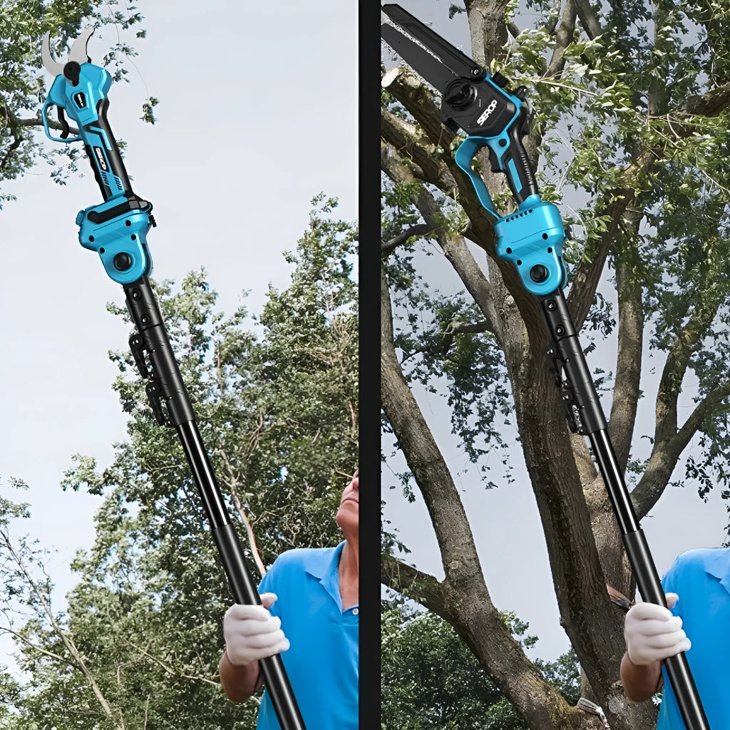 Electric pruning saw with 6-inch SK5 steel blade and 2.5m extension pole on a garden background