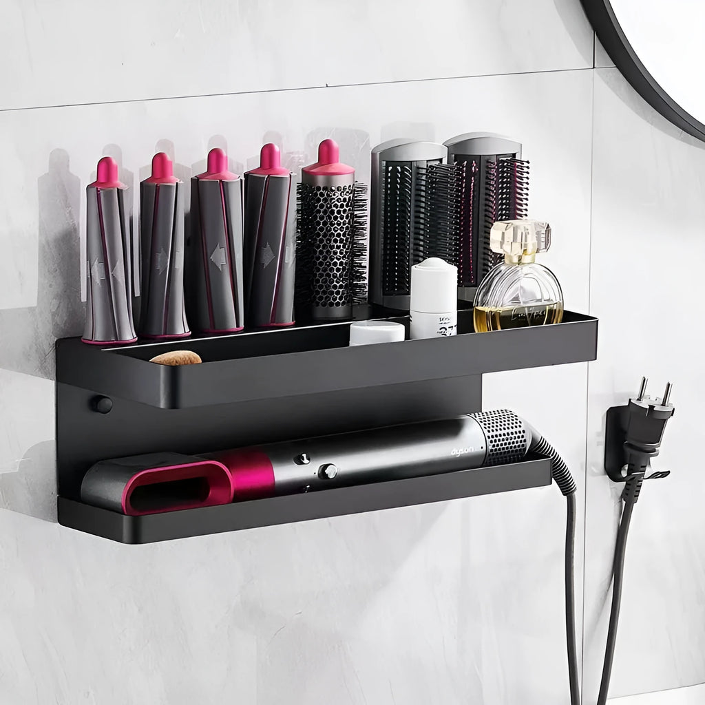 Double-layer punch-free aluminium storage rack for Marcel wavers and hair curlers in white.