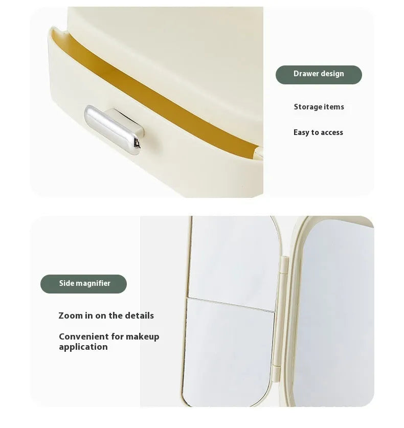 Foldable LED desktop cosmetic mirror with plastic frame, 17.5x11x36cm, in beige