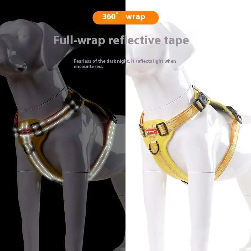 A black adjustable dog harness with a front chest D-ring, shown on a dog, demonstrating even strap placement.