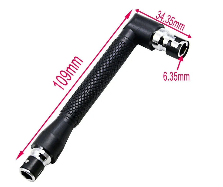 L-shaped double-headed socket wrench with ten screwdriver bits on white background