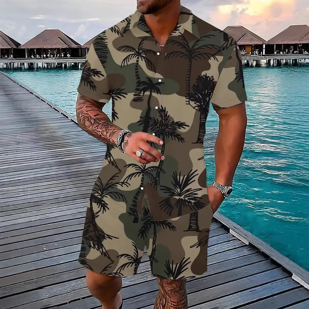 Man wearing a blue Hawaii-themed short sleeve top and matching shorts from a 3D printed leisure suit set.