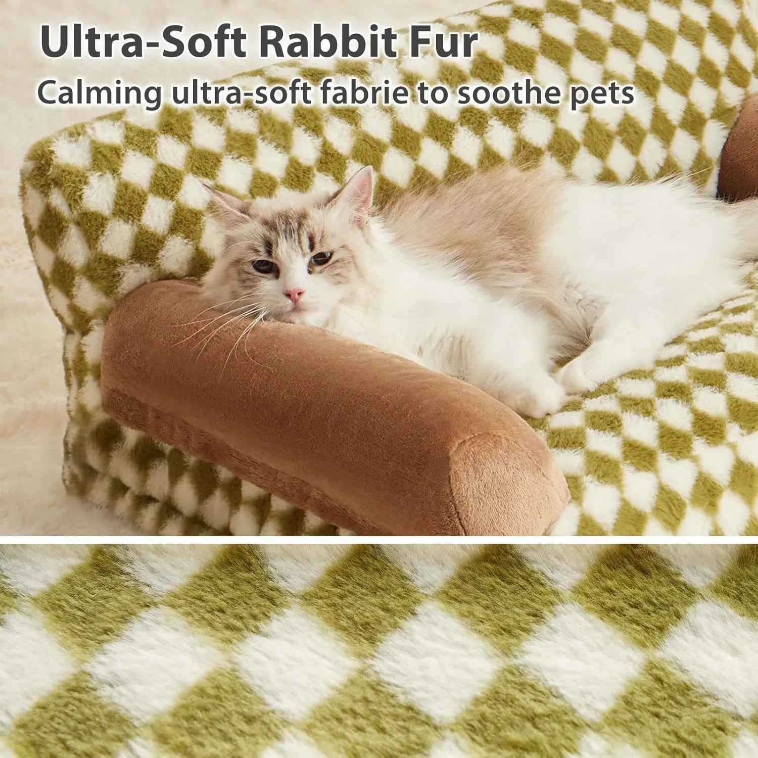 Checkered pet couch bed for small dogs and cats on a wooden floor, showing its raised design and removable cover.