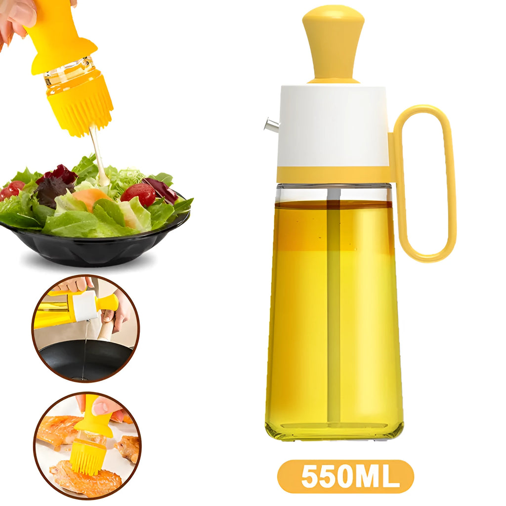 550ml clear glass oil dispenser bottle with stainless steel spray nozzle and a yellow silicone brush head attached.