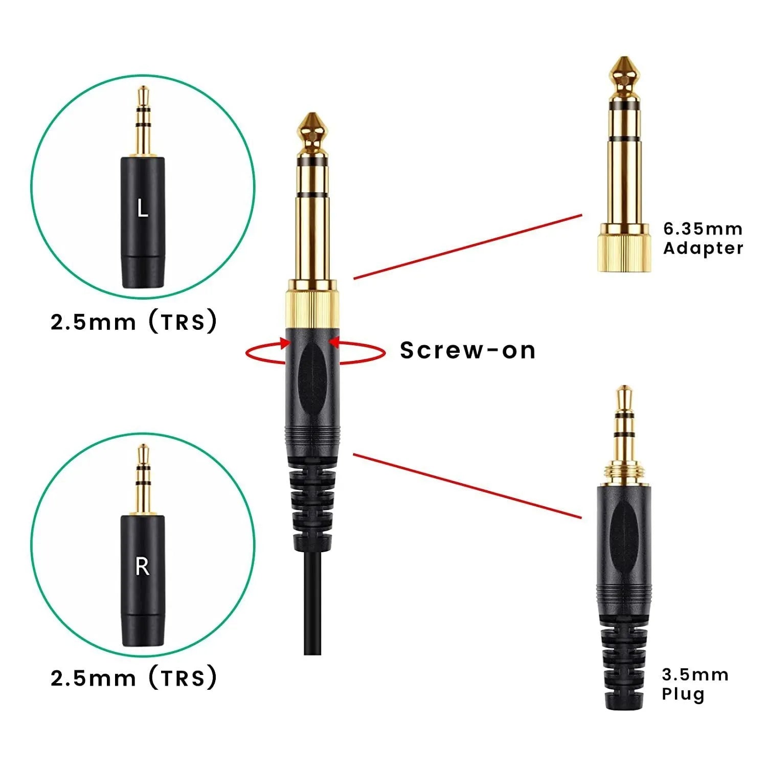 Black headset cable with dual 25mm plugs for HE400i He560 headphones, 1.8m length