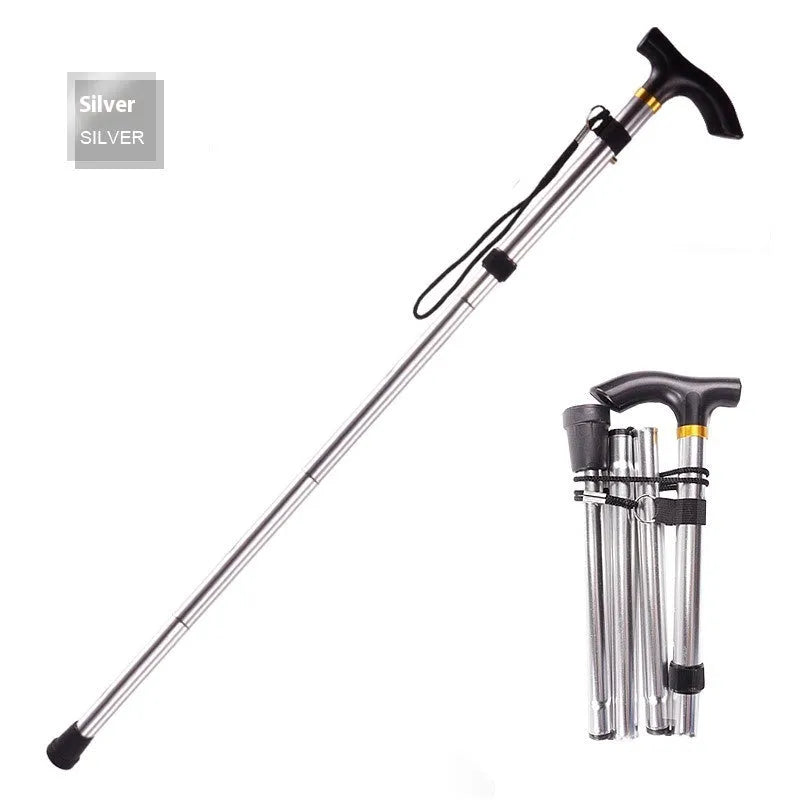 Adjustable aluminium folding walking cane with a non-slip rubber tip, shown extended.