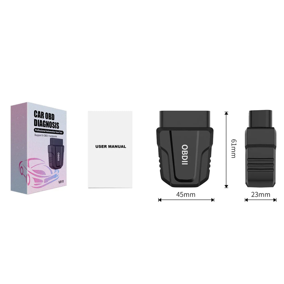 ELM327 V011 Bluetooth OBD2 diagnostic adapter with 9-16V range and -20 to 80°C operating temperature.