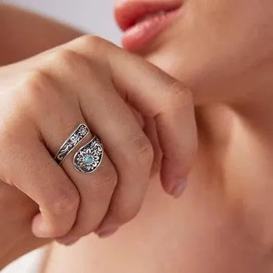 Silver alloy adjustable ring with sunflower flower shape and turquoise accent, Bohemian style for women