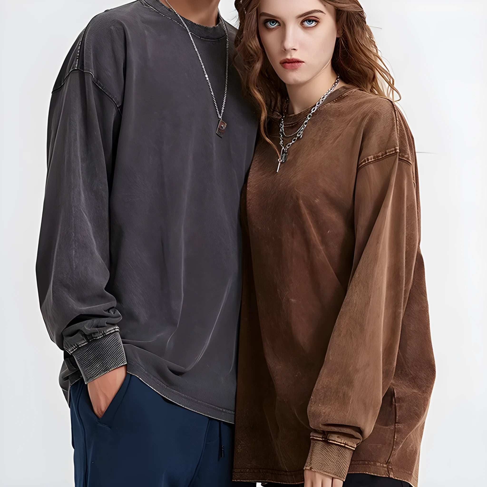 Man wearing a vintage washed batik print long sleeve cotton t-shirt in a loose, casual fit.