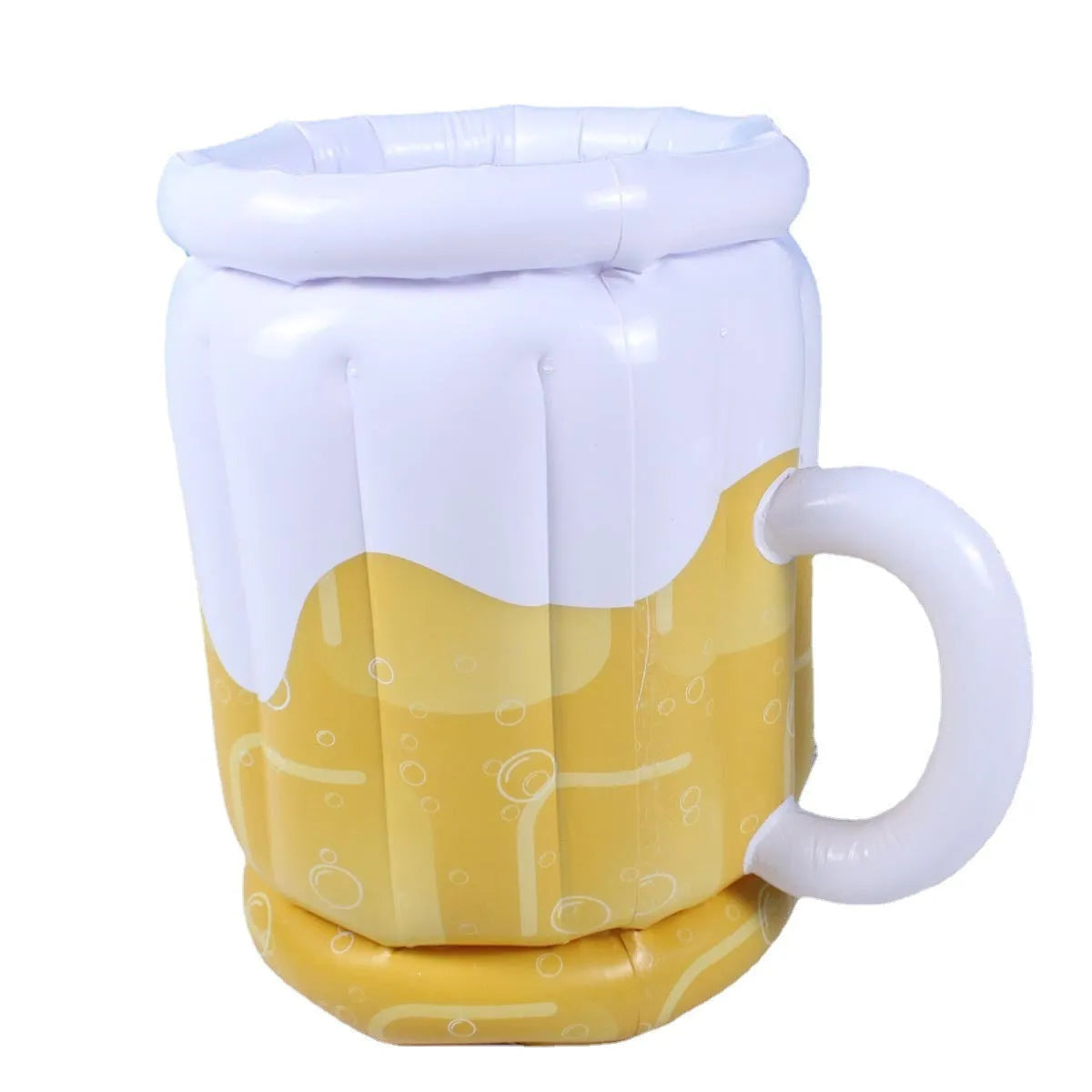 Large yellow inflatable beer mug cooler pool float with drink holders