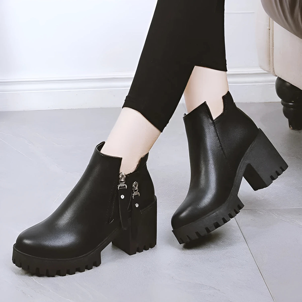 Women's side-zip high-heeled Dr Martens boots, black or black-khaki, 6-8cm heel, low shaft
