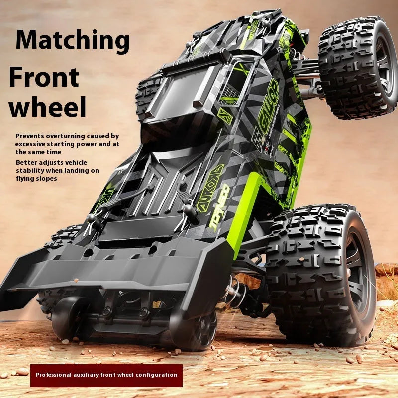Brushless four-wheel drive remote control car in green with metal drive shaft and 50 km/h speed rating