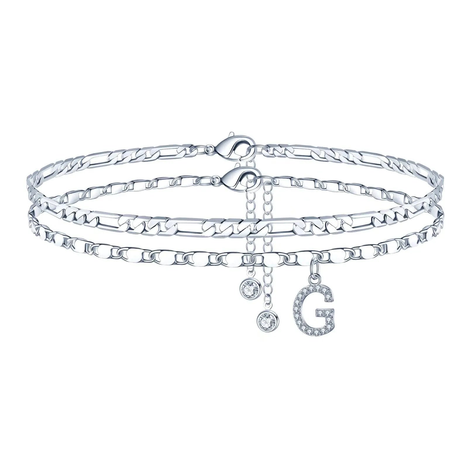 Silver colour copper anklet with double-circle design and text bead elements on ankle