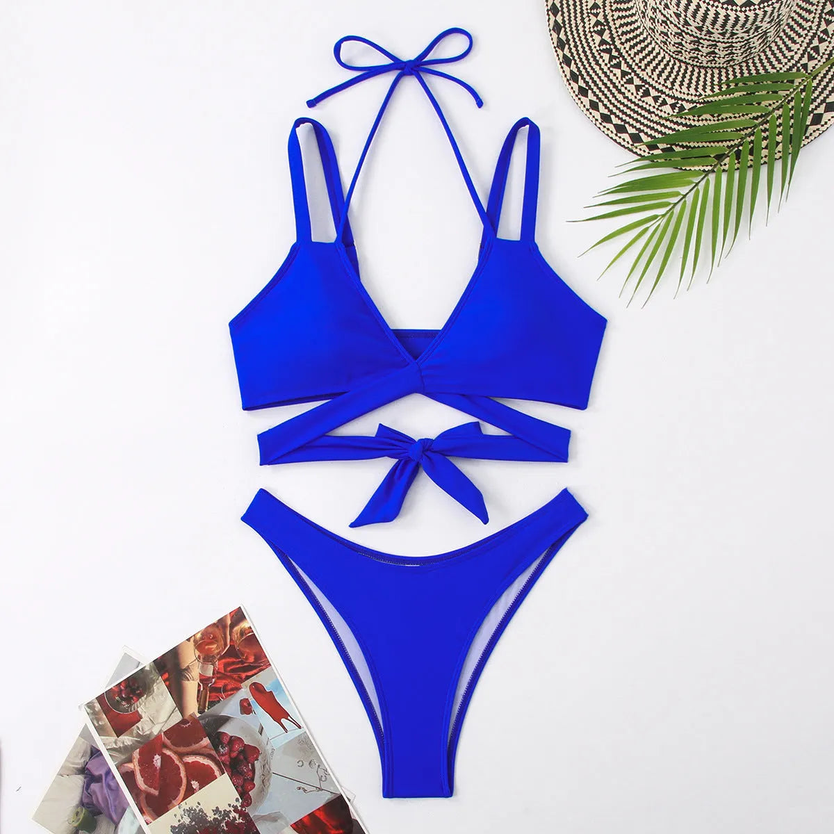 Women's solid colour strap beach bikini swimsuit in briefs style