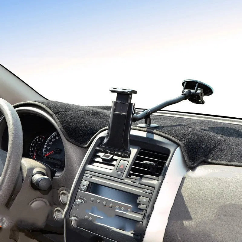 Black lifting-style car tablet holder with suction cup, holding a large tablet.