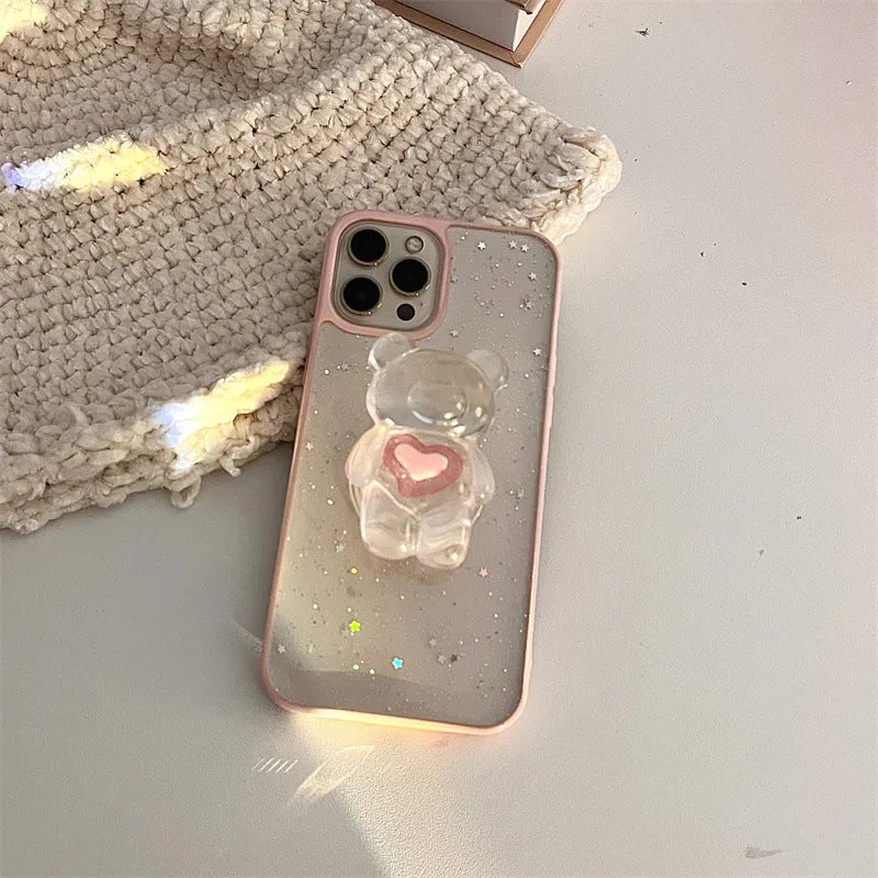 Simple Bear Bracket Silicone Phone Case in white with epoxy pink edge stars and love bear bracket, compatible with iPhone models
